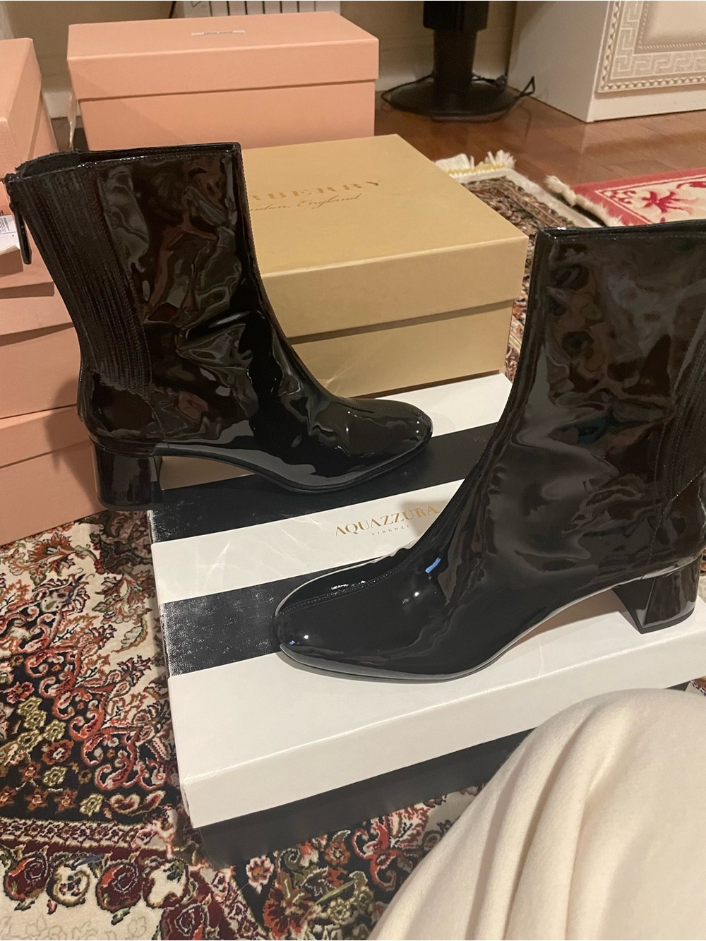 Aquazzura Black Patent Leather Ankle Booties with Block Heel